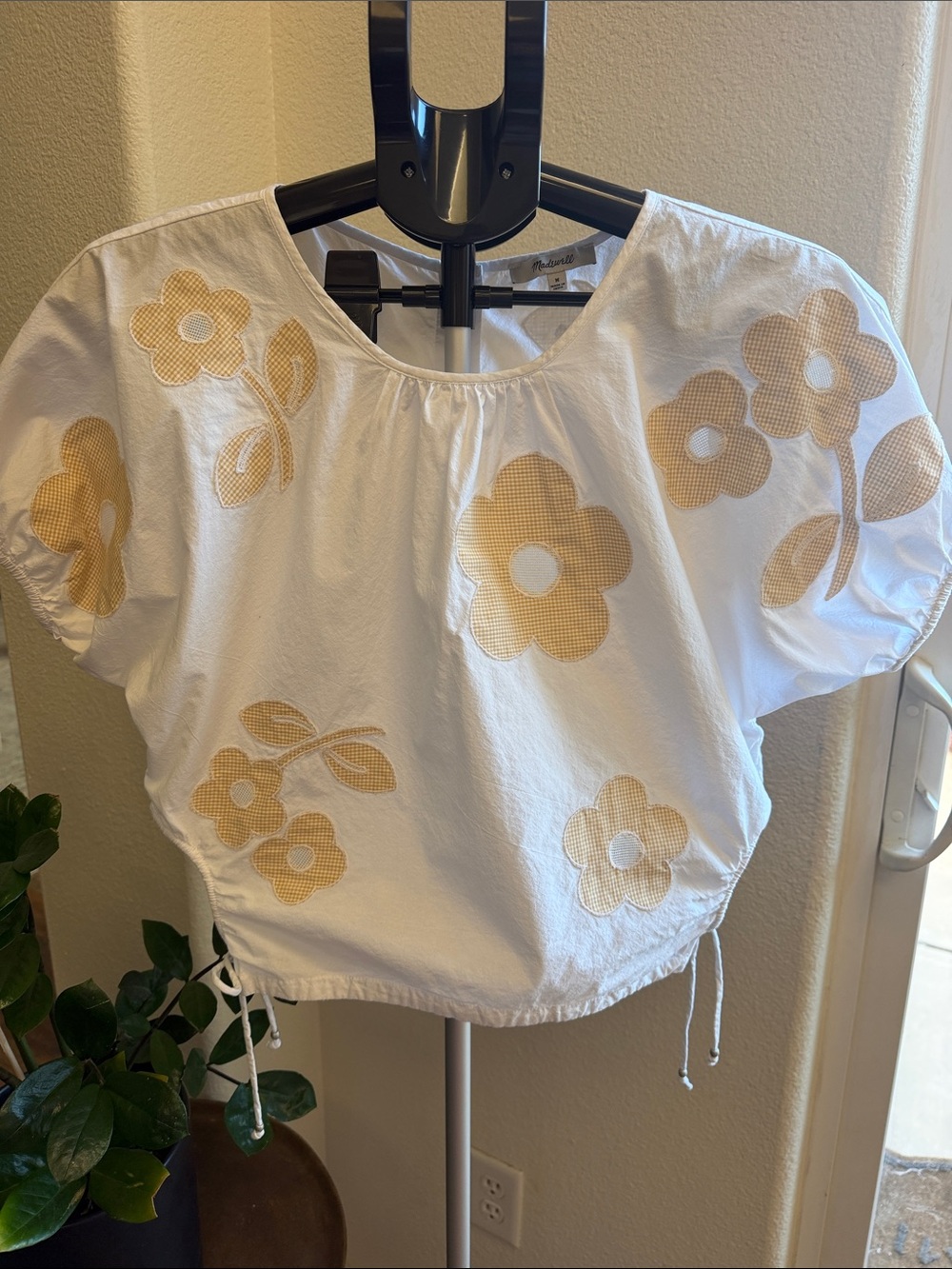 Madewell Embroidered Poplin Puff-Sleeve Cutout Crop Top Cottagecore Boho Gingham